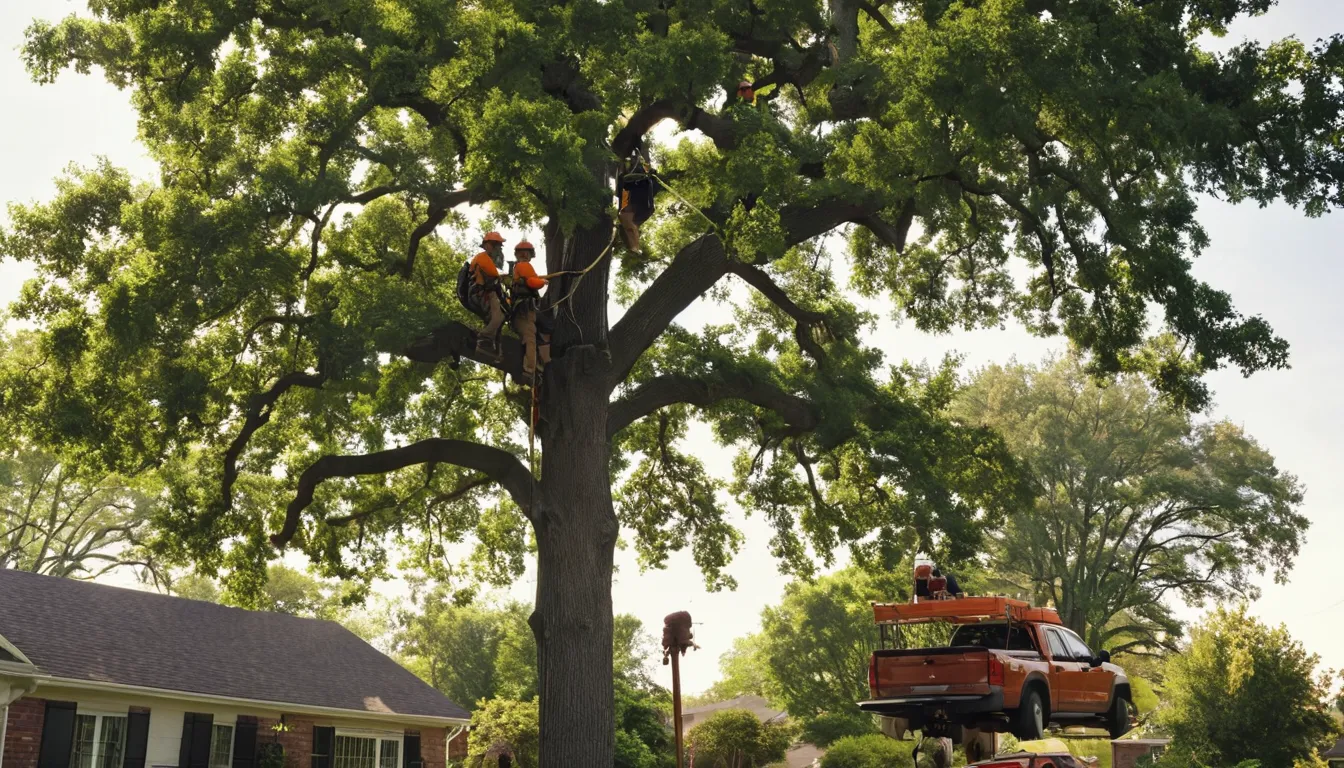 Tree removal crew cutting a large tree in a DISH backyard
